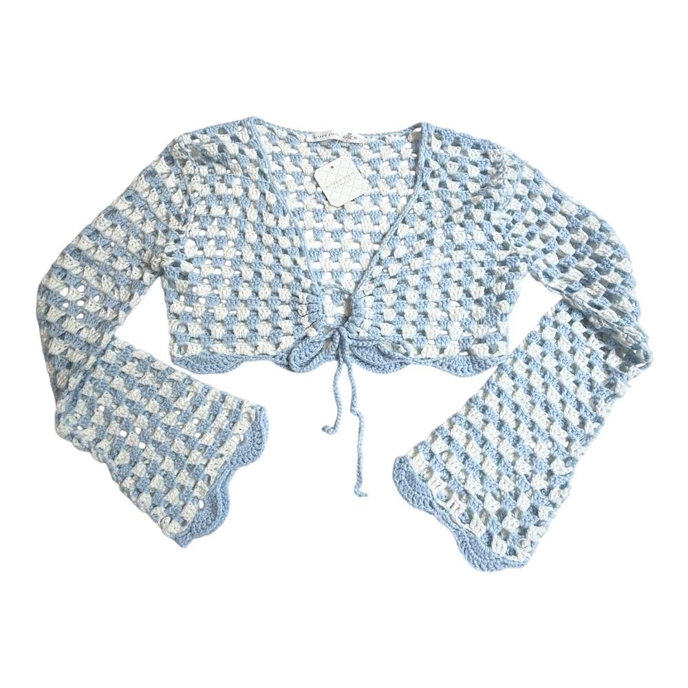 NEW Altard State CROCHET CARDIGAN Women’s XS Tie Front Bell Sleeve Crop Top Blue